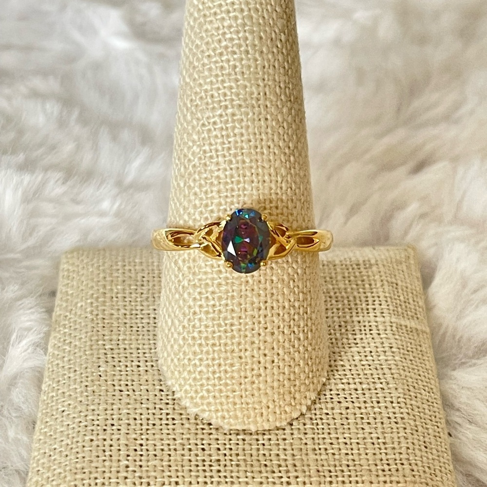 Sterling Silver Gold Over Mystic Topaz CZ Ring Oval Rainbow Stone Size 10